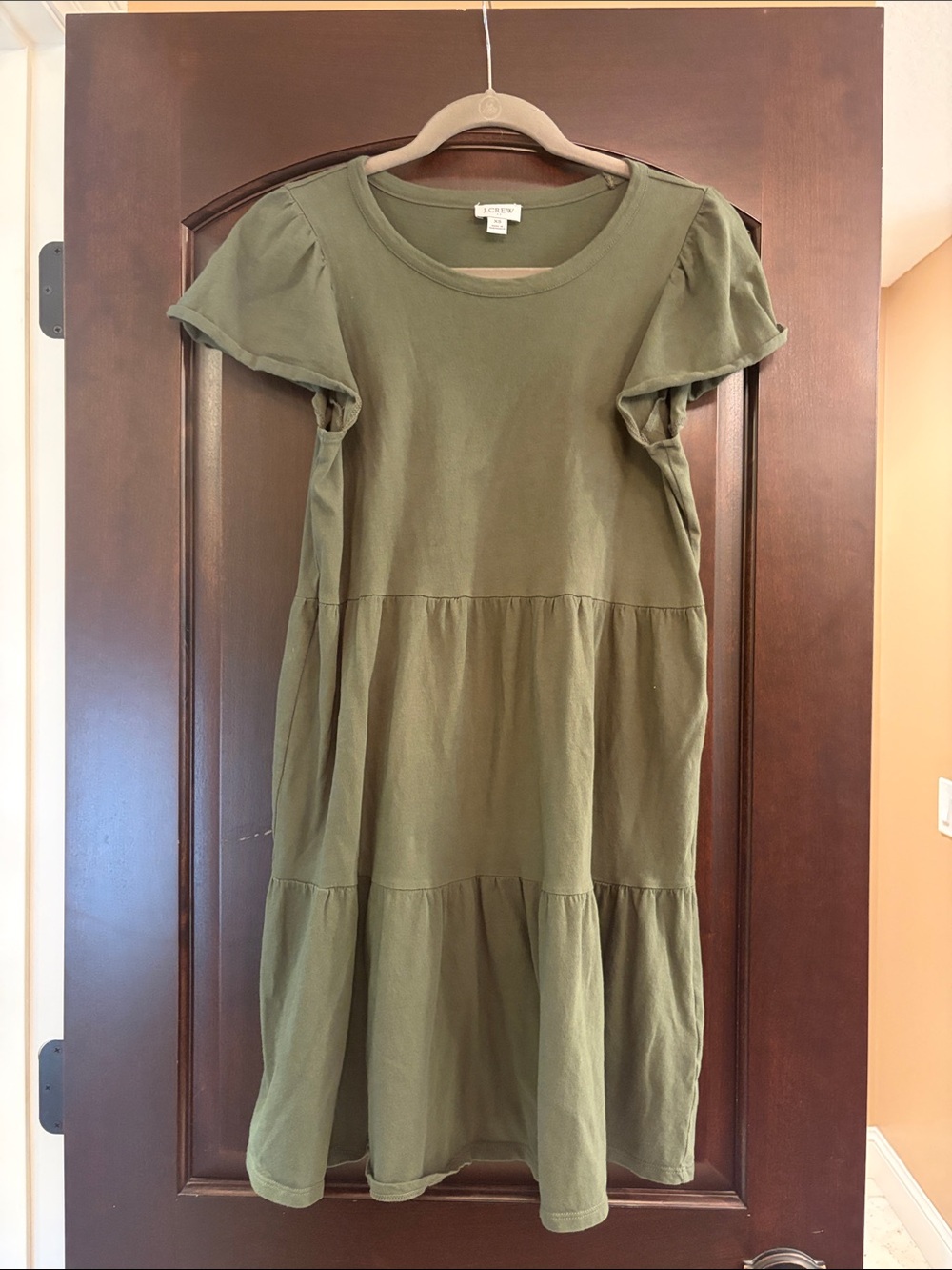 J. Crew Factory Olive Tiered Mini Dress with Flutter Sleeves